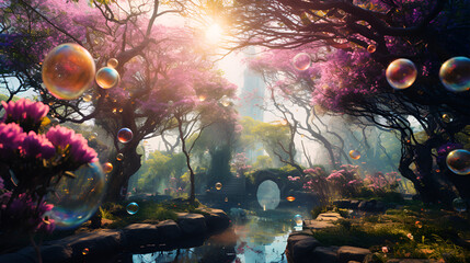 Fototapeta premium A vibrant forest with colorful bubbles floating amidst a sea of blooming flowers.