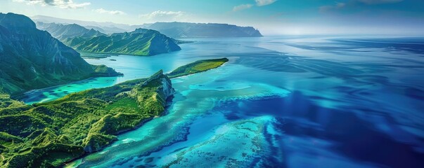Aerial view of a stunning tropical coastline with turquoise waters, lush greenery, and distant mountains under a clear blue sky.