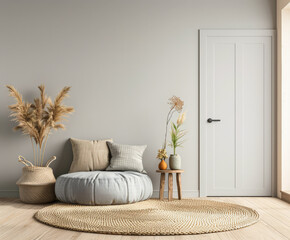 Serene room corner with relaxing ornaments that invite to meditate. Home interior design with zen elements and warm colors.