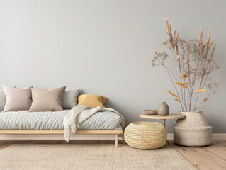 Serene room corner with relaxing ornaments that invite to meditate. Home interior design with zen elements and warm colors.