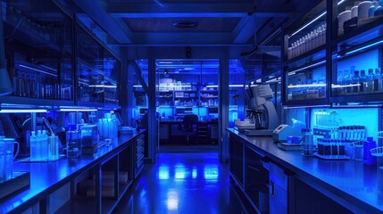 A cutting-edge gene-editing facility where CRISPR technology is used to prevent hereditary diseases, bathed in blue light