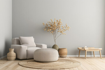 Serene room corner with relaxing ornaments that invite to meditate. Home interior design with zen elements and warm colors.