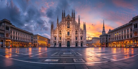 Fototapeta premium Milan's Duomo Cathedral Bathed in Golden Light: A Majestic Architectural Masterpiece at Dusk. This stunning image captures the Duomo's iconic silhouette against the vibrant hues of a Milanese sunset, 