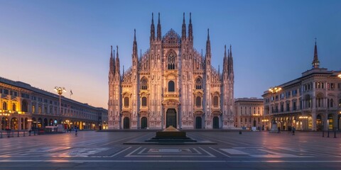 Fototapeta premium Milan's Duomo Cathedral Bathed in Golden Light: A Majestic Architectural Masterpiece at Dusk. This stunning image captures the Duomo's iconic silhouette against the vibrant hues of a Milanese sunset, 