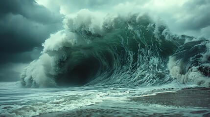 Tidal wave crashing against a shoreline, powerful water surge under stormy skies, open beach for copy Tidal wave impact, coastal wave, ocean surge, cinematic power