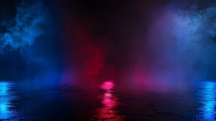 Dark empty space with blue and red neon spotlights, wet asphalt, smoke, and a night view of an industrial scene. Abstract dark texture providing a mock-up design with copy space.