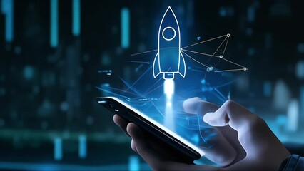 Man hand with phone, stock market graph with rocket