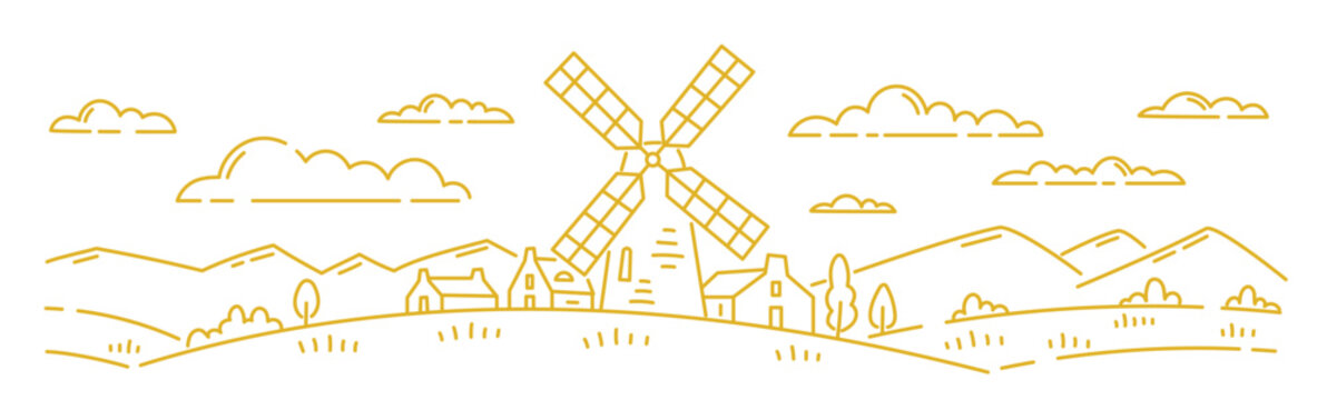 Rural landscape field with a mill. Vector line. Editable outline stroke.