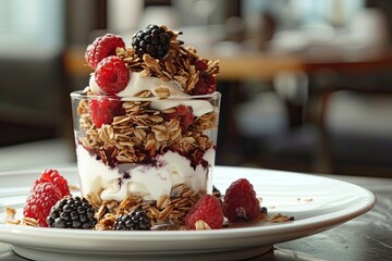 A beautifully arranged breakfast parfait with layers of yogurt, granola, and berries