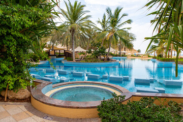 Swimming pool with clear water surrounded by palm trees in one of the best resorts