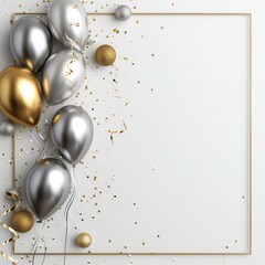 luxury golden happy birthday background. minimalist birthday background with  silver and gold balloons and ribbons flying around them. Birthday holiday background with copy space