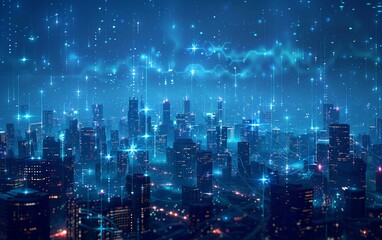 Futuristic city skyline at night with a glowing digital rain effect, showcasing a technology-inspired urban environment.