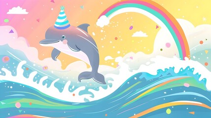 Obraz premium Playful Dolphin Wearing Party Hat Jumping Out of Vibrant Rainbow Waves