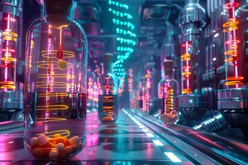 Futuristic laboratory with colorful neon lights, showcasing advanced technology and surreal sci-fi atmosphere, with pills in glass containers.