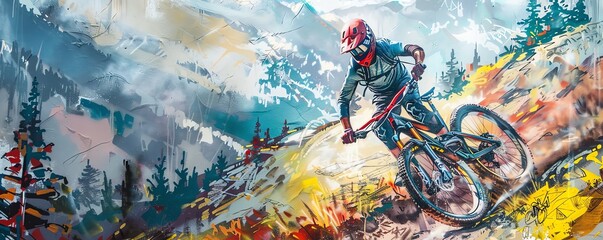 Mountain biker riding downhill in a vibrant, colorful landscape with mountains and trees in the background.