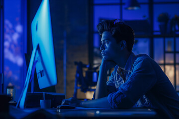 Focused man working late at his computer, bathed in blue light. His dedication and determination are evident as he immerses himself in his work