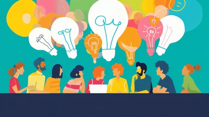 Fototapeta premium Diverse group brainstorming with light bulbs representing ideas. Teamwork and creativity in a vibrant and colorful setting.
