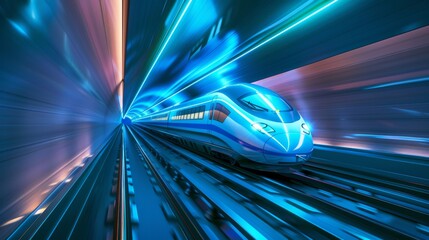 Fototapeta premium A futuristic high-speed train exits a tunnel on a viaduct against a dark blue backdrop, representing logistics, tourism, technology, and transport in a 3D vector illustration.