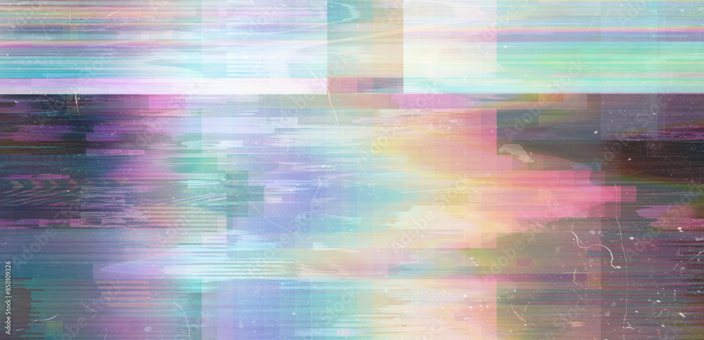 Aufkleber Abstract background with datamoshing effect and holographic pixelated glitches. Concept of bug in program or video decay.