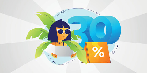 30%off Summer sale illustration, Summer, Sun, Surf, Vendor, Shop, Beach, Flat, illustration, Character design, drawing, business, OFF, 30%, Sales, colorfull, sun colors, pastelle, cosmetics, girl,