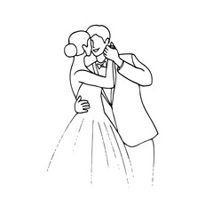 close-up of the groom smiling and the bride, they are dancing - hand drawn doodle illustration of a man and a woman dancing a slow dance