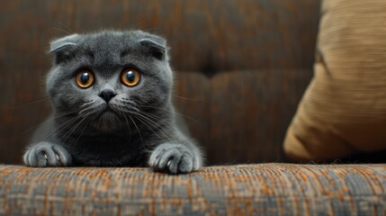 A Scottish Fold Cat With Surprised Wide Eyes Sits On A Brown Sofa, Looking Forward In Amazement