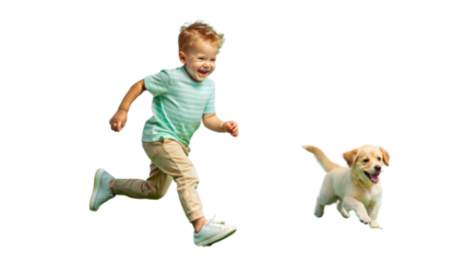 A dynamic image of a boy running around with his puppy in the backyard, capturing their energetic and carefree playtime.
