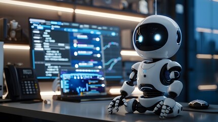 Fototapeta premium Clipart of a robot sitting at a desk, overwhelmed with open tabs on its computer screen, each labeled with different programming languages like Python. PNG, generated by AI.
