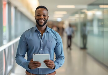 Happy African American man manager in office building