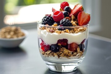 A beautifully arranged breakfast parfait with layers of yogurt, granola, and berries