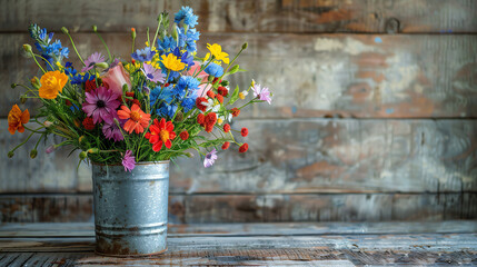 A beautiful bouquet of colorful flowers in a rustic metal vase.