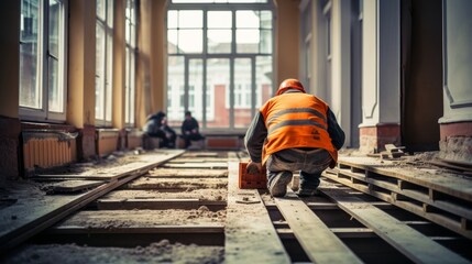 Construction worker installing electrical infrastructure in house undergoing modernization project