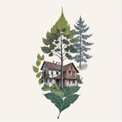 House and Trees in Leaf-Shaped Art Reflecting Deforestation Concerns