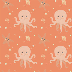 Childrens sea animals pattern, childish ocean marine life seamless background. Nursery baby animals print. Underwater inhabitants collection background for kids textile, clothes, wallpapers.