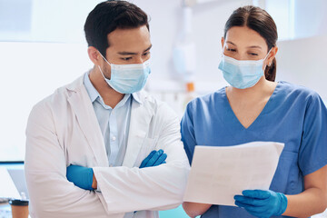 Paper, dentist team and reading in clinic for orthodontics, collaboration and support. People,...