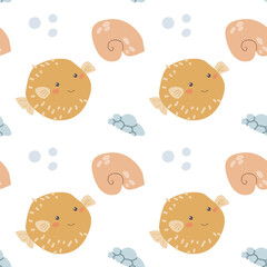Childrens sea animals pattern, childish ocean marine life seamless background. Nursery baby animals print. Underwater inhabitants collection background for kids textile, clothes, wallpapers.