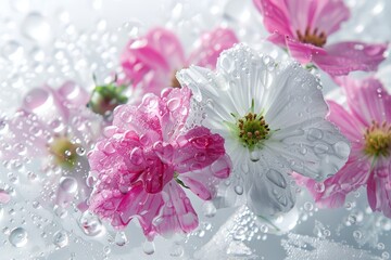 Close up of pink and white flowers underwater with raindrops on them in the abstract minimal style.