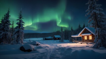 Fantastic winter landscape with wooden house in snowy mountains. Hight mountain peaks in foggy sunset sky. Christmas and winter vacations holiday concept