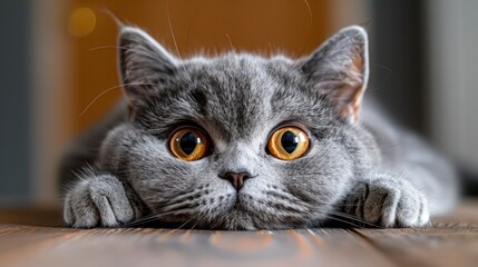 A Timid Cat On The Desk, With Big Eyes And An Obese Figure, Looking At The Target With A British Shorthair