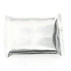 A silver-colored foil package presented on a transparent, clean white background, saved as a png