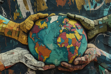 Hands from diverse backgrounds holding the Earth, symbolizing global unity, peace, and environmental stewardship, inspiring a sense of shared responsibility