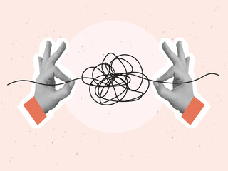 Hands pulls a thread from a tangled ball. Concept of problem solving and eliminating uncertainty. Vector illustration in a modern collage style