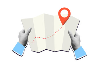 Hands holds a map with a way and a red pin mark. Target or destination concept. Modern collage Illustration on transparent background © tiena