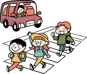 横断歩道を渡る小学生と停車した車
