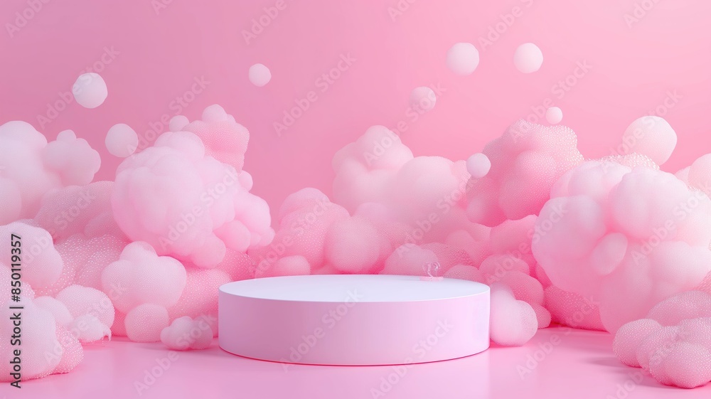 Wall mural pink catwalk with airy clouds or pink foam, an empty showcase for displaying goods. 3d visualization