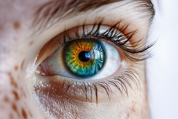 Fototapeta premium A close-up of a mesmerizing eye with vibrant colors, capturing intricate details and reflecting light. The captivating gaze and vivid hues create a stunning visual effect