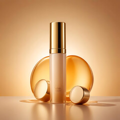 skin care product, magical light refraction,studio shot,goldbackground