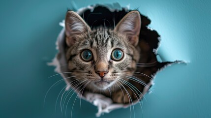 A Gray Cat Playfully Crawls Through A Hole On A Blue Background, The Paper Torn In Curiosity