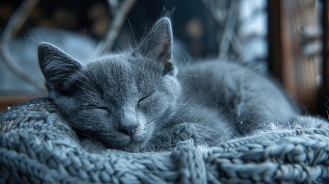 A Gray Kitten Or Cat Sleeping Soundly On The Wall