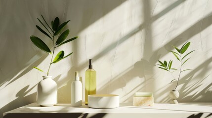 Shadows outlining minimalist wellness items